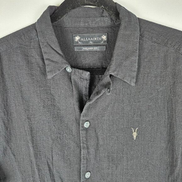 Allsaints Mens Black Mattole Ramskull Camp Shirt XL Relaxed Fit Short Sleeve - Picture 4 of 12
